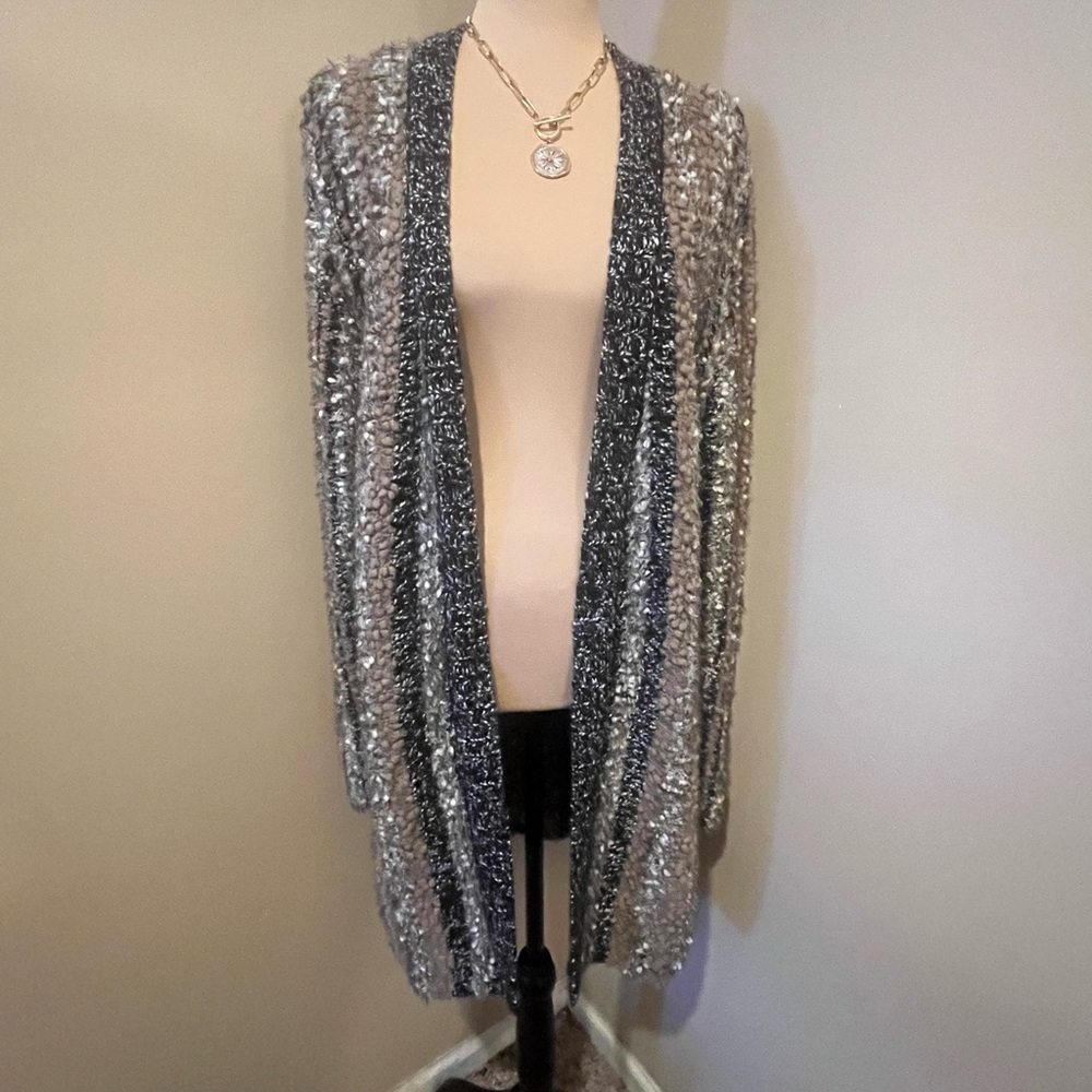 Elegant Women's Grey, Tan and Black Striped Cardigan Sweater, L/XL